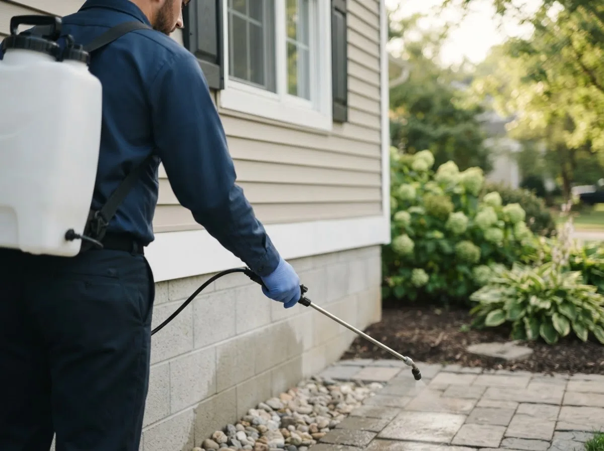 Pest control technician inspecting a home in Madison, MN